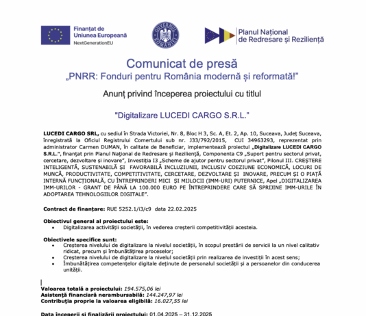Comunicat de presa PNRR Digitalizare LUCEDI CARGO S.R.L